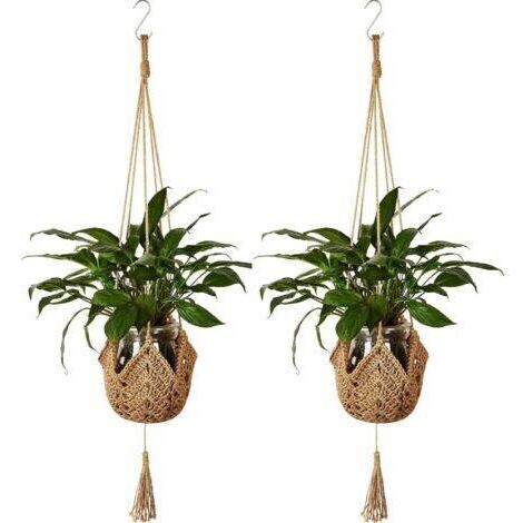 BUNTHAUS Paniers de Plantes à Suspendre en Corde de Jute Macramé Crochet pour Pot de Fleurs Mural avec Crochets de Suspension pour Décoration Intérieure 2 Pièces
