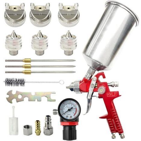 BUNTHAUS Pistolet à Peinture 1000cc 3 Buses 1.4mm 1.7mm 2.0mm, Pistolet à Pulvérisation à Alimentation par Gravité avec régulateur d'air (Rouge)
