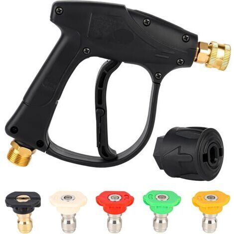 BUNTHAUS Pistolet de nettoyage haute pression  avec 5 embouts de buse d'eau, pistolet de lavage à buse courte, pistolet de lavage de voiture avec interface de tuyau M22 de 14 mm et adaptateur