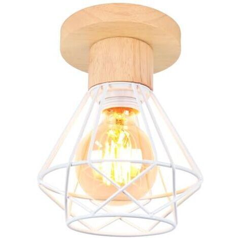 BUNTHAUS Plafonnier Industriel, 16CM Vintage Luminaire E27 Rétro Lustre Suspension en Fer et Bois Cage Design Lampe de Plafond Blanc pour Entrée Couloir Chambre Cuisine, 1 Pack