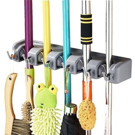 BUNTHAUS Porte Balai Mural Multifonctions,Support Cintre de pour Votre Cuisine,Garage,Buanderie pour Cuisine, Salle de Bain, Garage et Jardin (5 Emplacements et 6 Crochets)