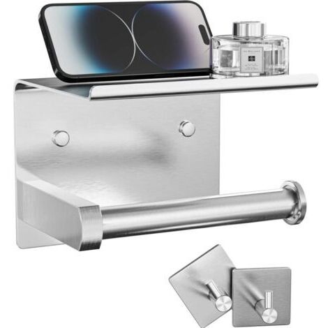 BUNTHAUS Porte-papier toilette avec étagère pour téléphone + crochets pour peignoirs, adhésif ou vis, rangement mural pour rouleaux de papier toilette, support de rouleau de papier toilette en acier i