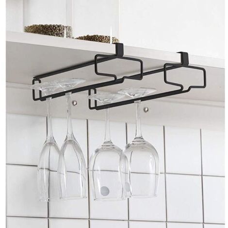 BUNTHAUS Porte verres à vin noir (lot de 2), support à verres à pied, étagère de rangement suspendue pour sous meuble et cuisine