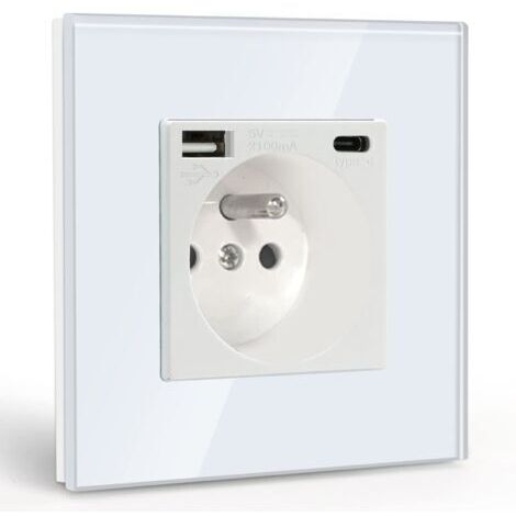 BUNTHAUS Prise murale avec USB et Type C – Charge rapide 2,1 A – Panneau en verre trempé – Protection contre les surtensions – Installation facile