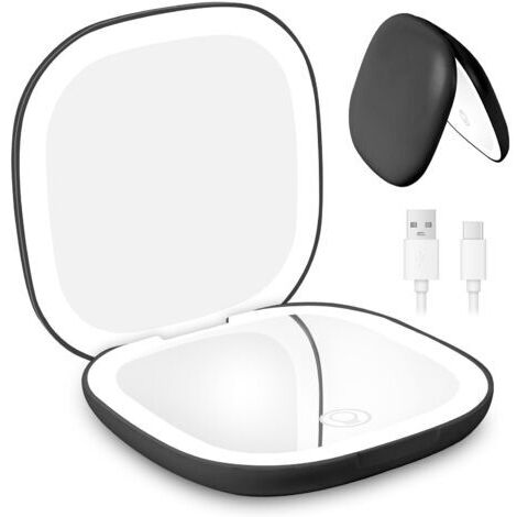 BUNTHAUS Rechargable Miroir de Voyage Grossissant, 10X/1X Miroir Maquillage Grossissant Lumineux, Miroir de Maquillage, avec 3 Couleurs Eclairage, Double Face, pour un Maquillage Précis, Noir