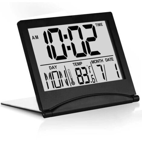 BUNTHAUS Réveil de voyage numérique pliable avec écran LCD, calendrier et affichage température, mode snooze, design compact pour bureau ou chambre