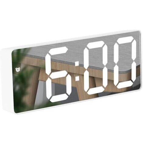 BUNTHAUS Réveil LED Miroir Numérique avec Affichage de la Température Luminosité Réglable Commande Vocale et Fonction Snooze Facile Deux Modes d'alimentation pour Chambre Table de Nuit