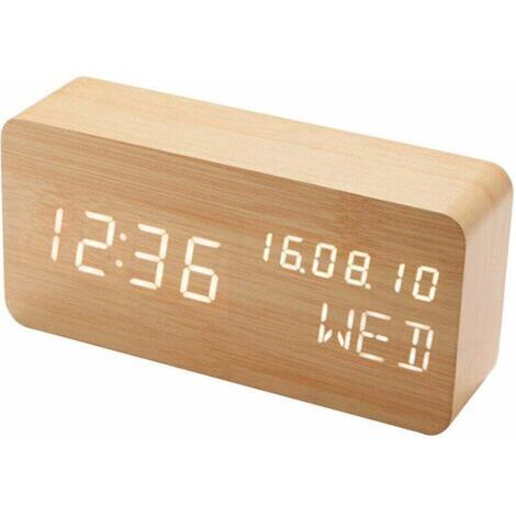 BUNTHAUS Reveil numerique en bois a commande vocale LED 2102 (chargement USB ou batterie a double usage, expedition sans piles, caracteres blancs en bambou et bois - caracteres blancs en bambou et boi