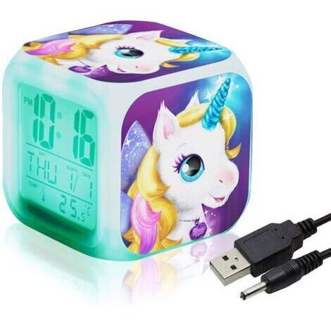 BUNTHAUS Réveils numériques Licorne pour les filles, Cube LCD LED de nuit brillante avec enfants légers Réveillez-vous l'horloge de chevet Cadeaux d'anniversaire pour les enfants Femmes Chambre adulte