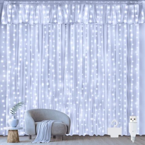 BUNTHAUS Rideau Lumineux Noel 3m x 3m, 300 LED Guirlande Lumineuse Rideau Blanc Froid USB Guirlande Lumineuse Imperméable pour Chambre Noël Mariage Anniversaire Fenêtre