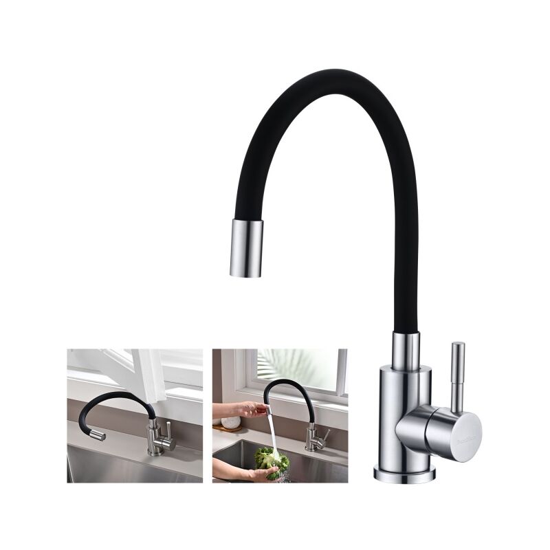BuntHaus Robinet de Cuisine Mémoire de Forme Mitigeur d'évier Courbe en Silicone Noir Mitigeur de Cuisine Flexion Arbitraire Pivotant 360°