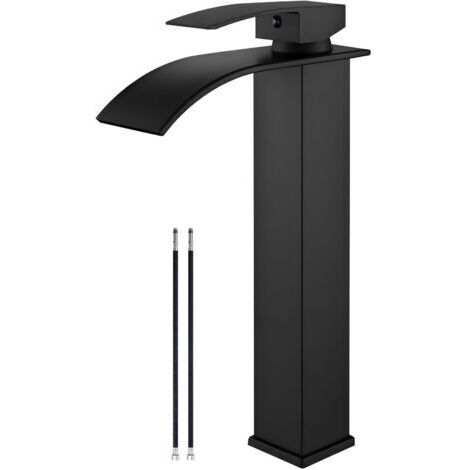 BUNTHAUS Robinet de lavabo noir mat, robinet de salle de bain à haute cascade, robinet de lavabo monotrou à poignée unique avec grand bec rectangulaire, robinet de lavabo de bar, meuble-lavabo