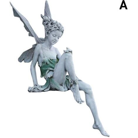 BUNTHAUS Sculpture de porche de décoration de jardin de statue de conte de fées assis en résine（blanc）