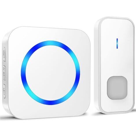 BUNTHAUS Sonnette sans Fil de Porte 400M Étanche Kit de Carillon Electronique avec Pile, 55 Mélodies au 5 Niveaux Volumes pour Maison, Indicateur LED Bleu, Blanc