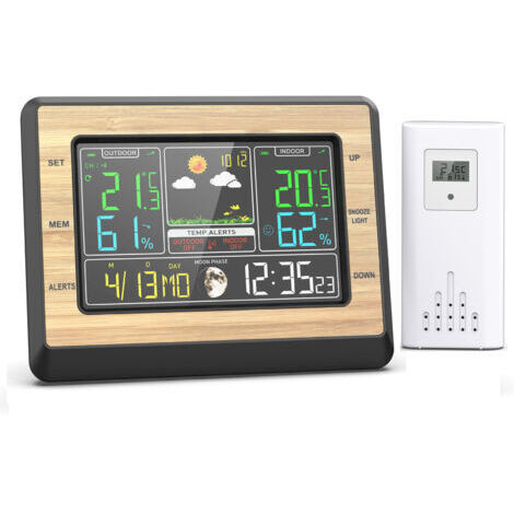 BUNTHAUS Station météo numérique sans Fil avec capteur extérieuravec Heure, Date, température, humidité, baromètre, Alarme, Affichage des Phases de Lune, thermomètre Multifonction (Noir)