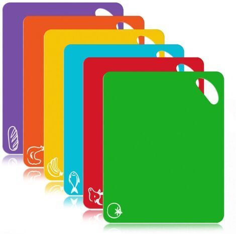 BUNTHAUS Tapis de cuisine en plastique flexible extra épais, lot de 6, tapis colorés avec icônes alimentaires et poignées faciles à saisir, passe au lave-vaisselle, lot de 6