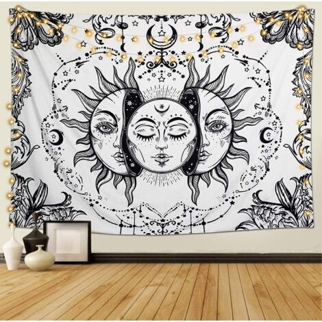 BUNTHAUS Tapisserie Psychédélique Soleil et Lune Tapisserie Noir et Blanc Chambre Studio Décor (Blanc, 130 x 150 cm)