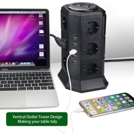 BUNTHAUS Tour Multiprise Parasurtenseur Parafoudre 12 Prises avec 5 USB 4,5A Ports BLEOSAN - Cordon de 2m - Noir