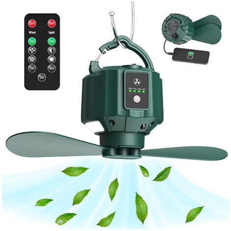 BUNTHAUS Ventilateur de camping avec lanterne LED, ventilateur rechargeable pour les tentes, télécommande, crochets, pales détachables, minuterie, pour le pique nique, les tentes, l'urgence