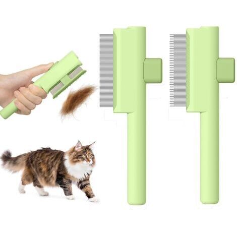 BUNTHAUS vert Lot de 2 peignes de toilettage pour animaux domestiques avec bouton de déverrouillage, dents rondes en acier inoxydable pour chats et chiens