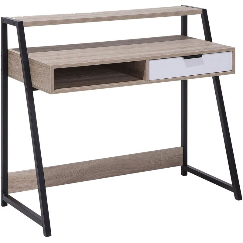 Beliani - Bureau 100 x 50 cm Couleur Bois Clair et Acier Noir avec espace de Rangement et un Tiroir Blanc de Style Moderne et Minimaliste