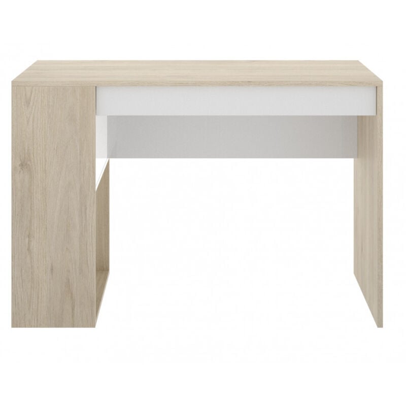 Bureau 115x50 blanc mat et chêne naturel avec un tiroir et une étagère latérale - Ginevra