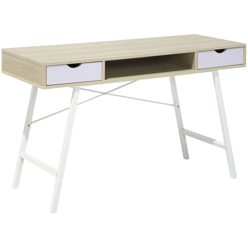 Beliani - Bureau 120 x 48 cm Couleur Bois Clair et Blanc en mdf et Acier avec Espace de Rangement et 2 Tiroirs Tendance Rétro et Scandinave