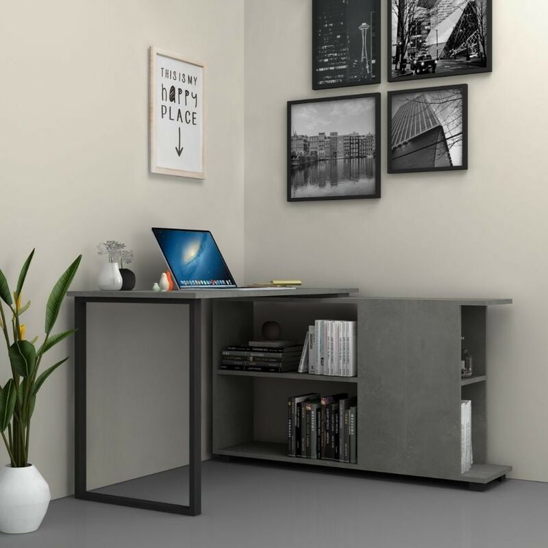 Bureau 120x60 cm avec bibliothèque couleur ciment Oslo