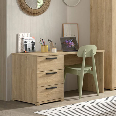 Bureau 140x65x74cm chêne avec 3 tiroirs - PORI