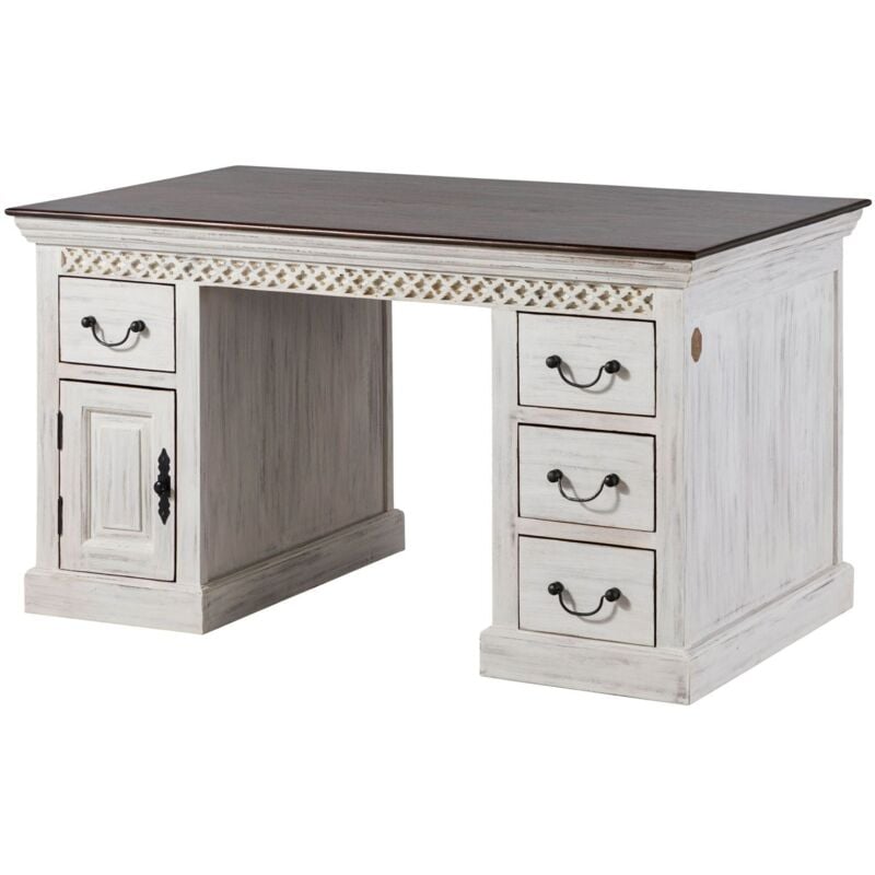 Massivmoebel24 - Bureau 140x80x76 en bois de manguier/ acacia blanc ciré castle-antik 106