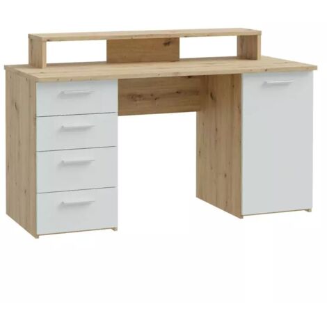 Bureau 145 cm 4 tiroirs 1 porte décor bois chêne et gris clair - ONDÉE