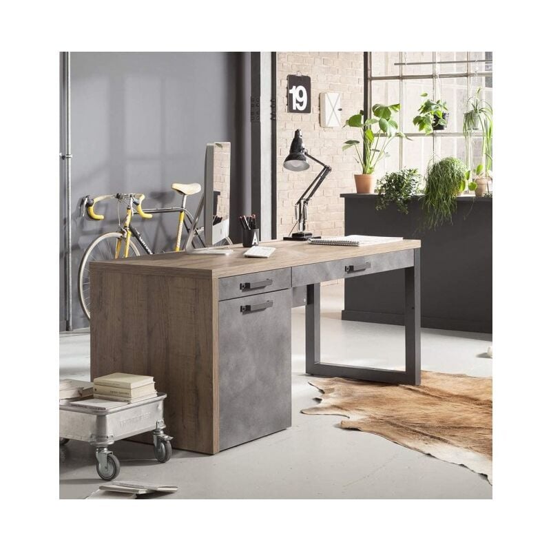 Abitare - Bureau 170x69cm gris anthracite et chêne avec deux tiroirs et une porte - Adrano