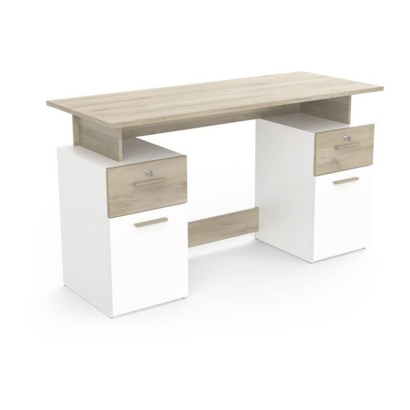 Bureau droit DEMEYERE PLATON chêne/blanc mat 2 tiroirs à serrure 134,8 x 55