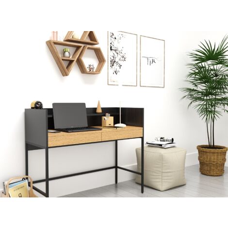 Bureau 2 tiroirs 1 étagère design industriel en bois et métal
