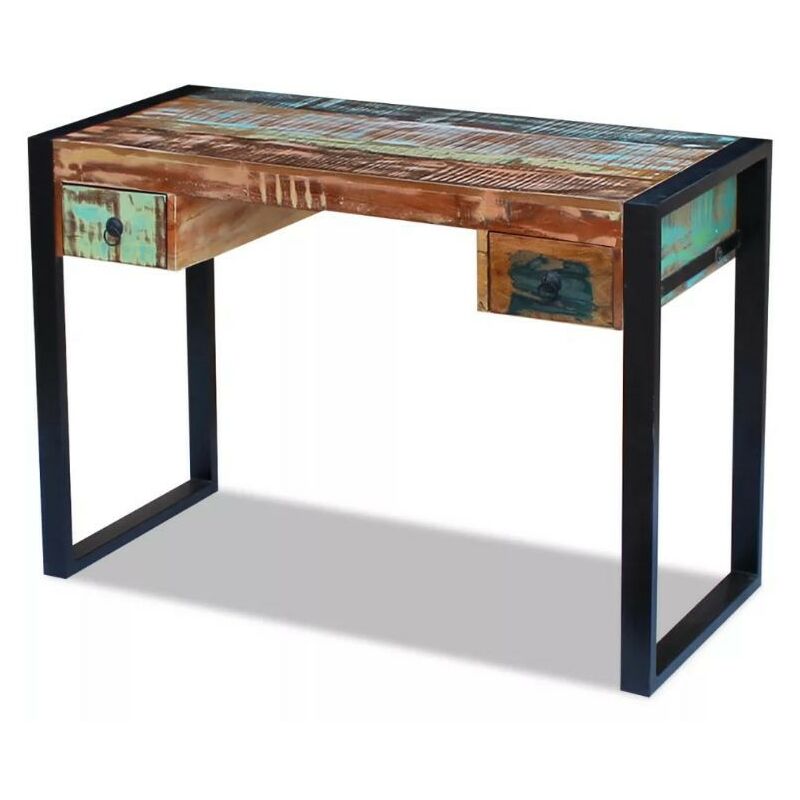 Bureau 2 tiroirs 1 porte bois massif recyclé multicolore et métal noir Moust 110 cm Bureau 2 tiroirs 1 porte bois massif recyclé multicolore et métal noir Moust 110 cm