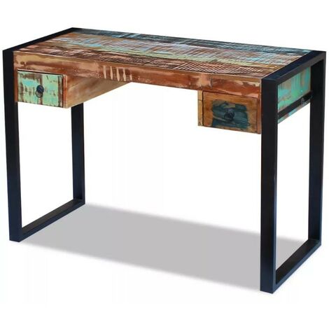 Bureau 2 tiroirs 1 porte bois massif recyclé multicolore et métal noir Moust 110 cm