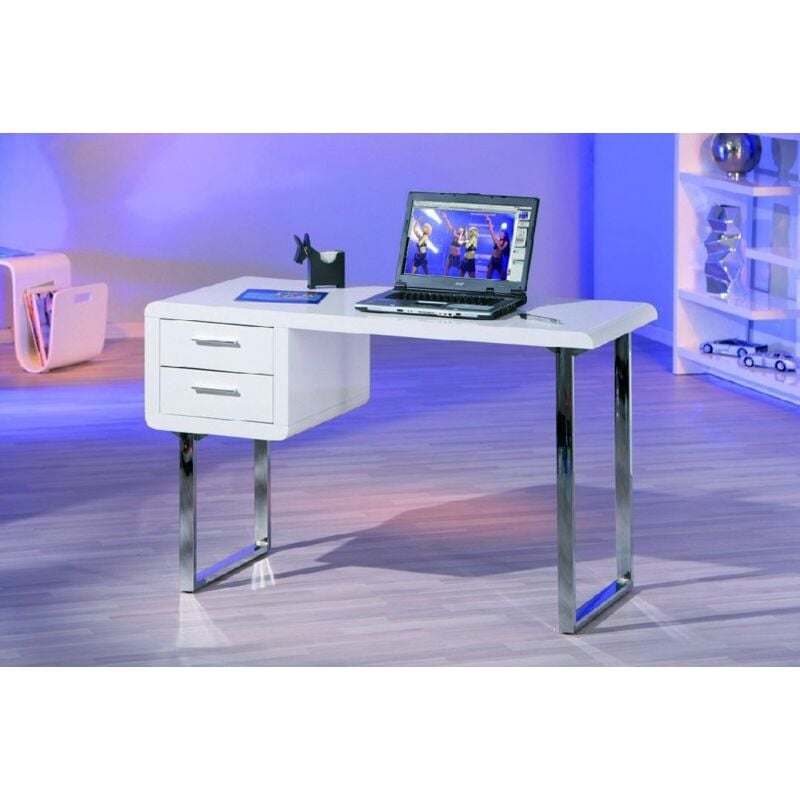 Inter Link - Bureau en mdf laqué blanc brillant avec tiroirs et pieds en métal chromé