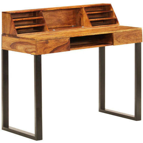 Bureau 2 tiroirs sesham massif foncé et métal noir Vustick 2