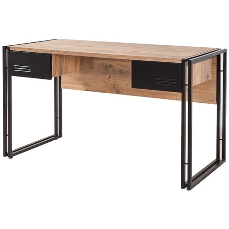 Bureau 2 tiroirs style industriel bois chêne clair et métal noir Dukita 139cm