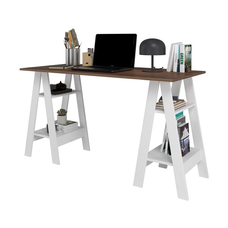 Beaux Meubles Pas Chers - Bureau 2 Tréteaux 4 Niches Blanc et Châtaignier l 135 h 75 p 60 cm