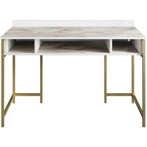 Bureau 3 niches bois blanc effet marbre avec des pieds en métal doré Kyliane 119.6cm