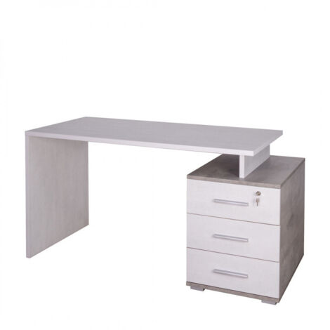Bureau à 3 tiroirs, 154 cm (L) x 55 cm (P) x 76 cm (H), finition ciment et blanc mat, Sarmog
