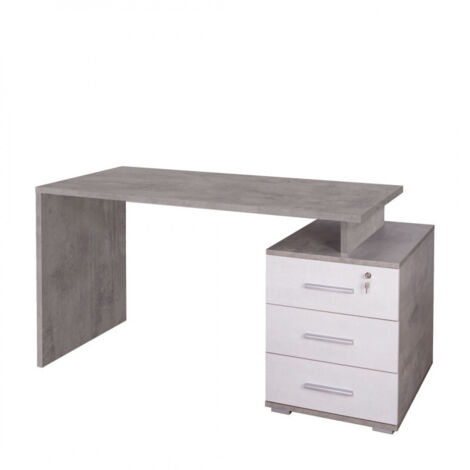Bureau à 3 tiroirs, 154 cm (L) x 55 cm (P) x 76 cm (H), finition ciment et blanc mat, Sarmog