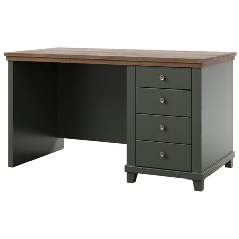 Bureau ASSIA 140 cm vert foncé et bois - 4 tiroirs avec poignées bouton - Élégance chic