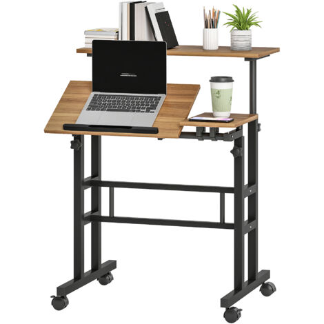 Bureau assis-debout ajustable 70 x 60 cm à roulettes, plan inclinable métal marron