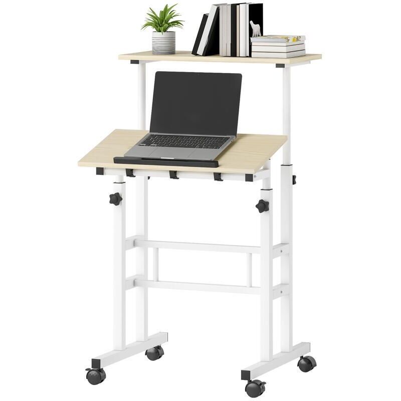 Bureau assis debout bureau réglable en hauteur 60 x 60 cm à roulettes avec plateau inclinable cadre en métal naturel Bureau assis debout bureau réglable en hauteur 60 x 60 cm à roulettes avec plateau inclinable cadre en métal naturel