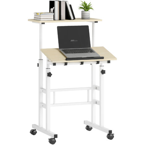 Bureau assis debout bureau réglable en hauteur 60 x 60 cm à roulettes avec plateau inclinable cadre en métal naturel