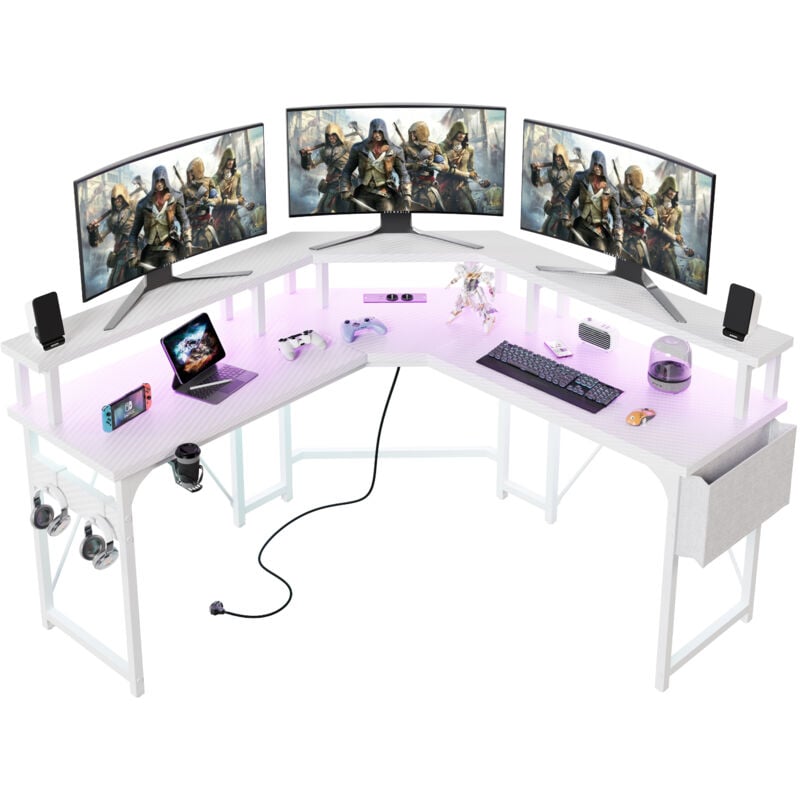 Bureau d'angle Table double couche avec éclairage réglable, grande table symétrique en forme de l, 104 cm × 2, Blanc - Devoko