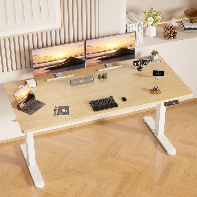 Bureau assis debout Disponible pour bureau ou jeux table réglable en hauteur longueur 160cm × largeur 60cm beige 2 sections de moteur unique Devoko