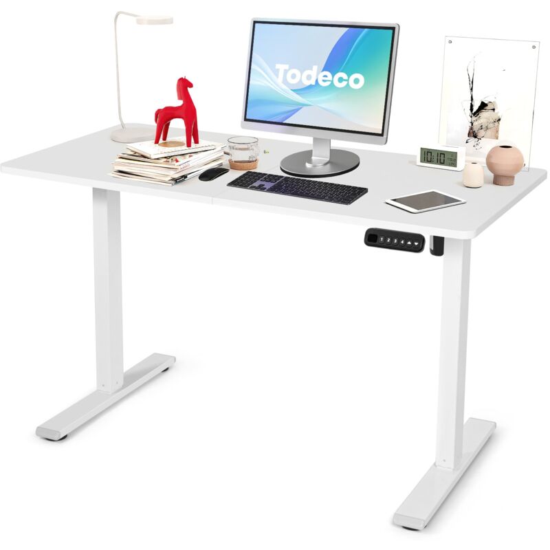 Todeco - Bureau Assis Debout Électrique 120 x 60 cm, Bureau Réglable en Hauteur avec 4 Hauteurs de Mémoire, Système Anti-Collision et sécurité